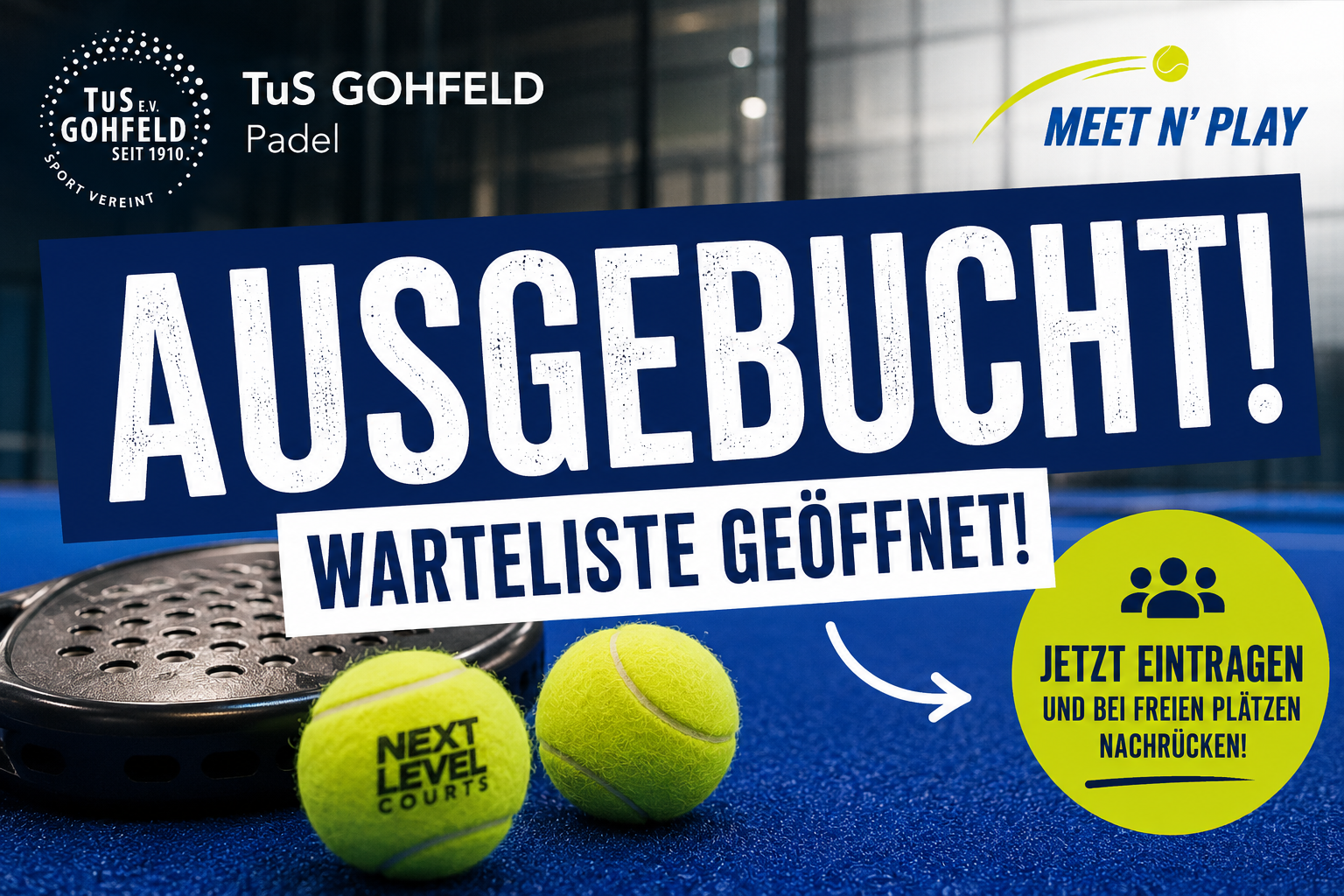 MEET N' PLAY 2026 des TuS Gohfeld ausgebucht – Warteliste für Padel in Löhne geöffnet